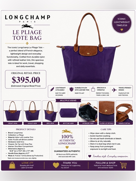 Longchamp Handbags - Longchamp purple nylon tote
